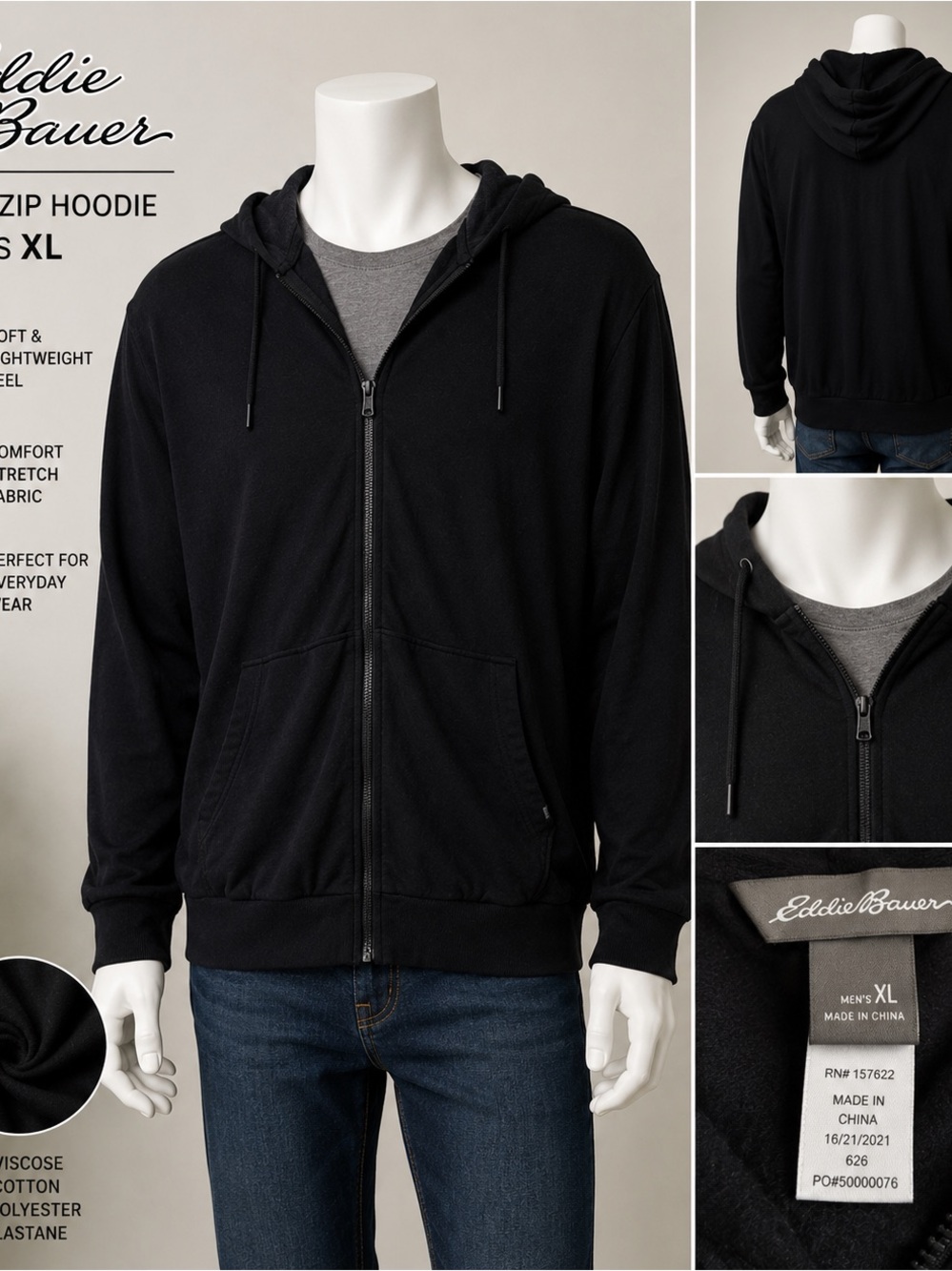 Eddie Bauer full zip mens hoodie black XL soft stretch athleisure comfort